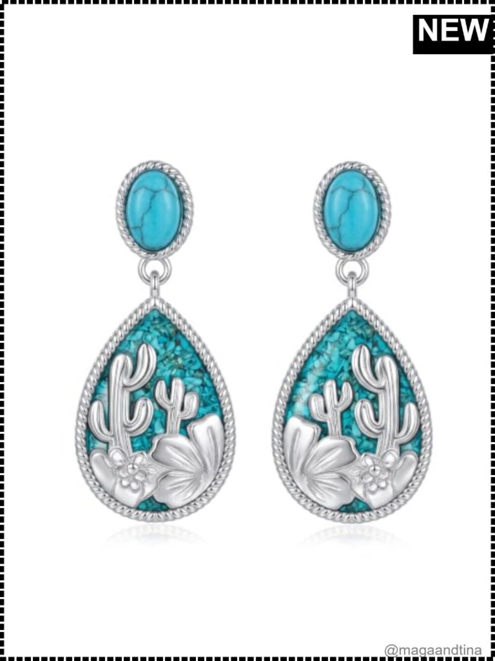 Western Turquoise Cactus Drop Dangle Earrings